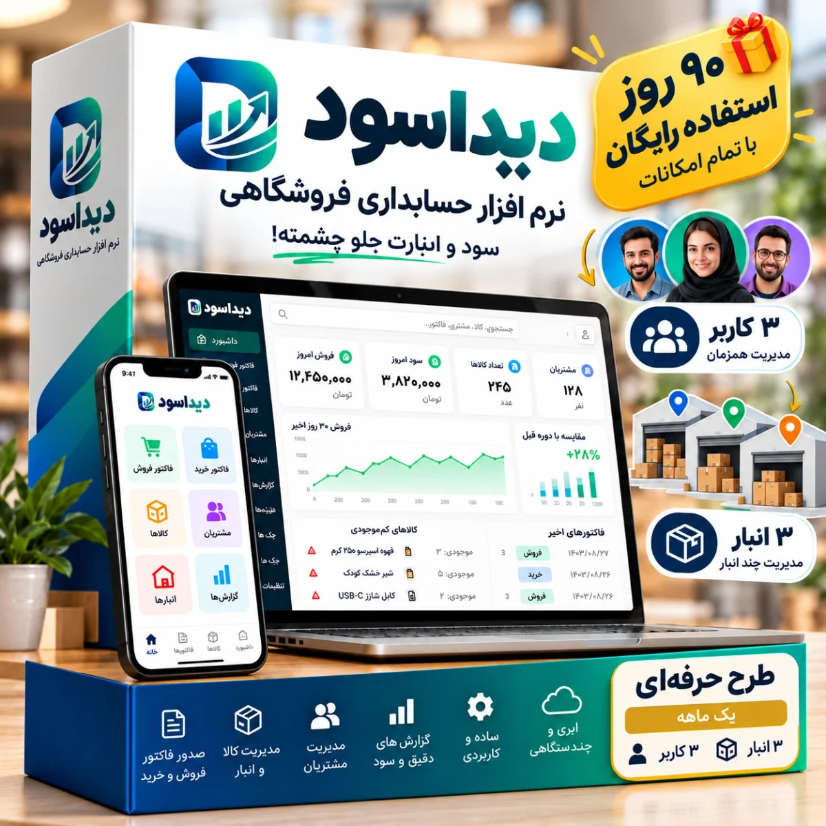 نرمافزار حسابداری دیداسود | ۹۰ روز رایگان | یک ماهه (3 کاربر، 3 انبار)