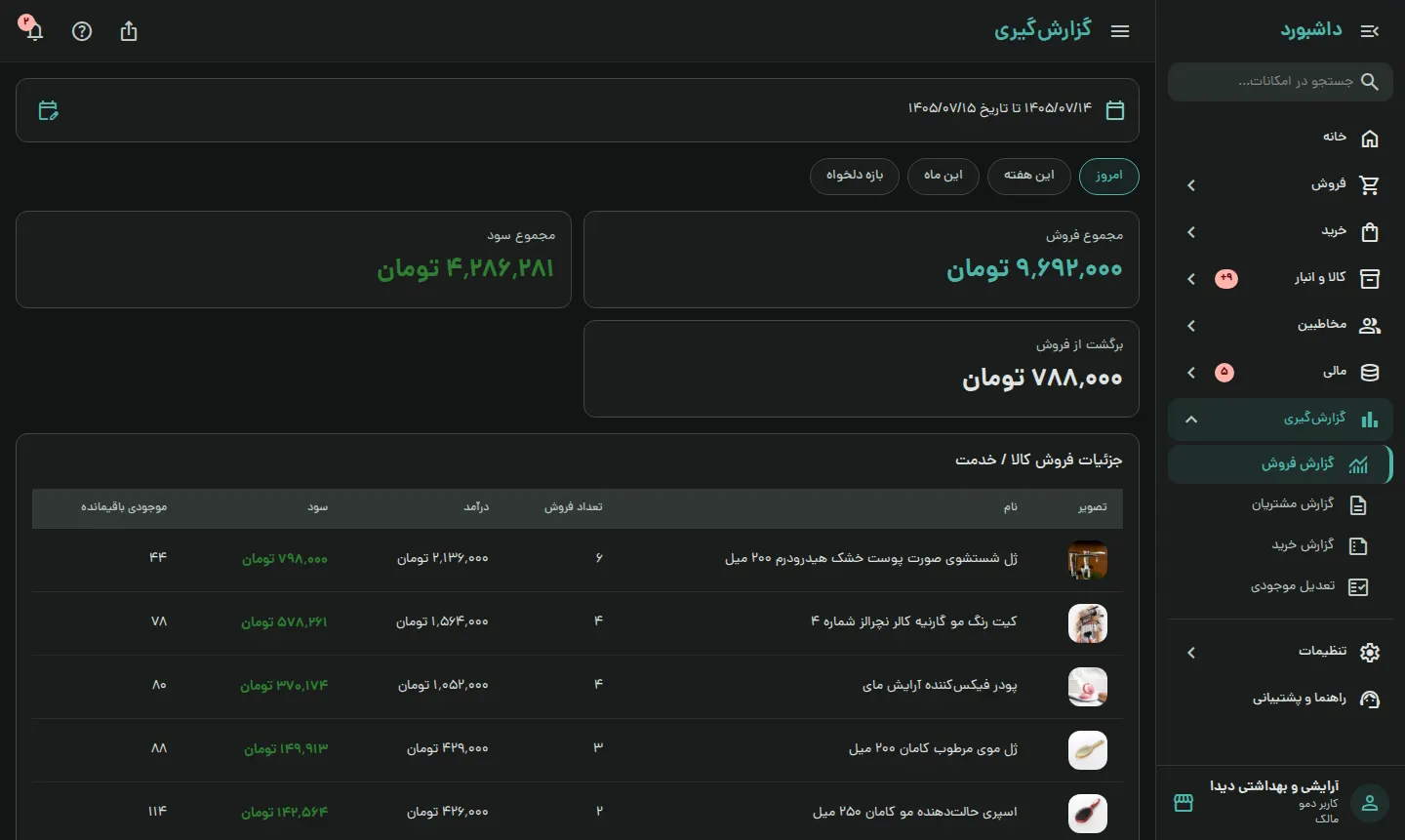 گزارش فروش و سود هر کالا در هر بازه